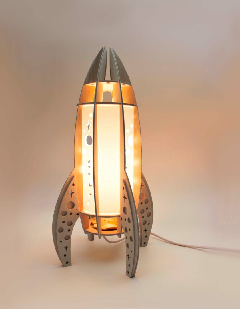 Rocket lamp. Wooden light for nursery room. Lamp for bedside table.