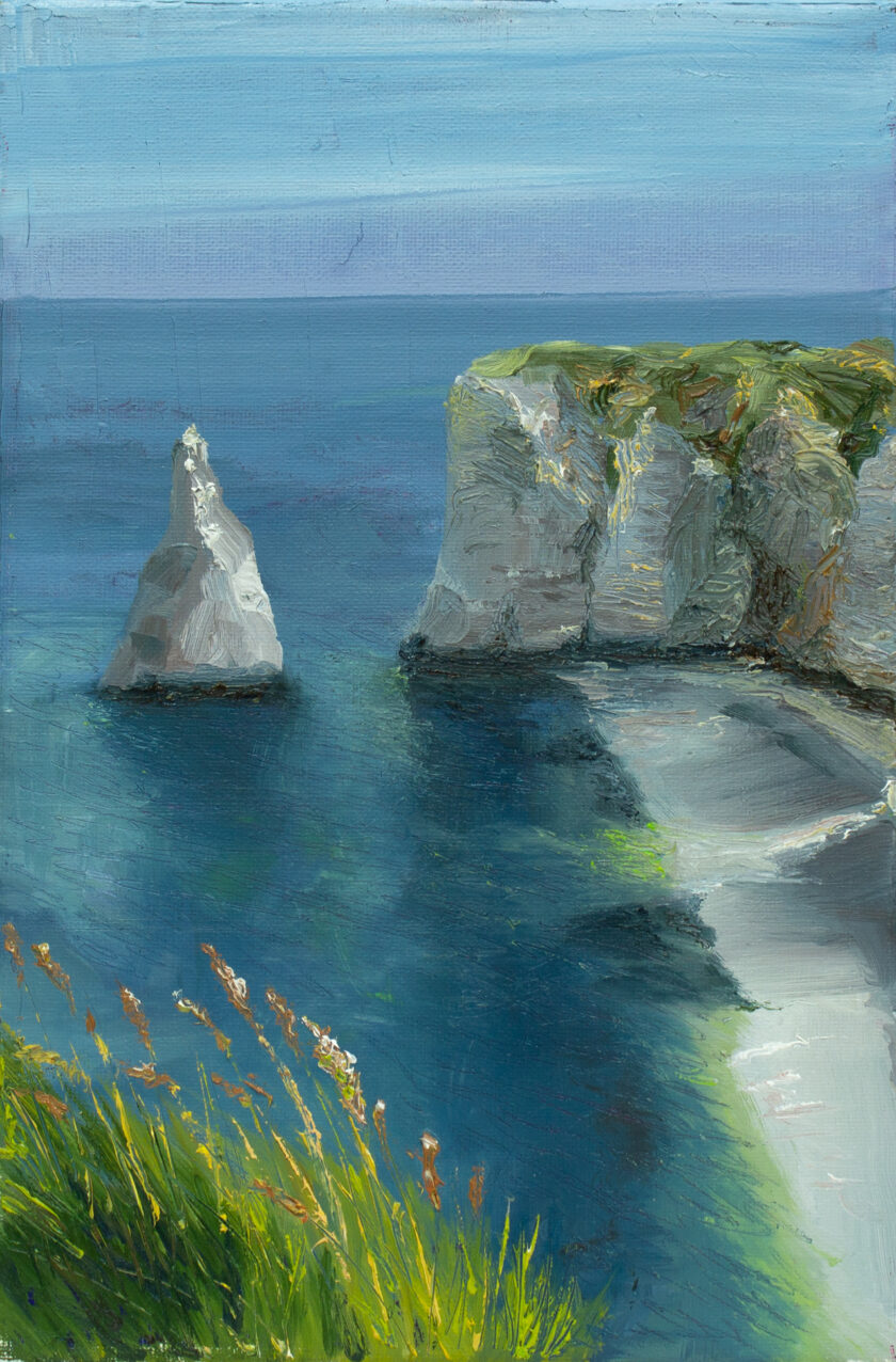 Painting depicts a Normandy landscape in a vertical format.