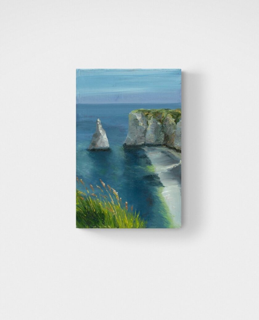 Painting depicts a Normandy landscape in a vertical format.